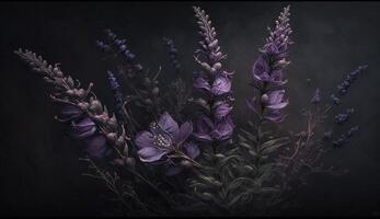 generativ ai, stänga upp av blomning rabatter av Fantastisk lavendel- lila blommor på mörk lynnig blommig texturerad bakgrund. fotorealistisk effekt. foto