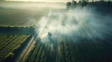 generativ ai, bruka lantbruk vattnas eller pesticider spray grön fält. bevattning Utrustning systemet, antenn se foto