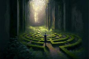 en ung person vandrar genom ett gammal labyrint bevuxen med mossa, vinstockar, och vilda blommor. labyrint löpare. tapet foto