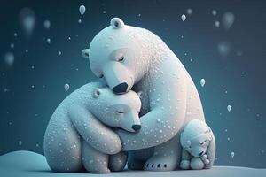 två söt polär kram tillsammans i vit snö bakgrund. mor och bebis polär Björn kel som familj i snö i vinter. generativ ai foto