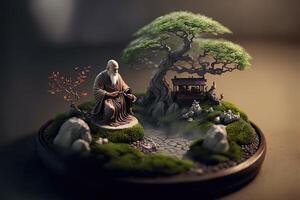 miniatyr- skrivbord zen sandlåda med munk figur sitta i lotus placera, staplade zen hav stenar, brun elefant figurer, spa ljus brinnande mot mörk studio bakgrund, kopia Plats. generativ ai foto