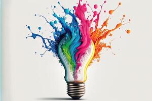 illustration av färgrik Glödlampa med stänk av färger på vit bakgrund. kreativitet, eureka, fantasi, inspiration. generativ ai. aning och lösning begrepp foto