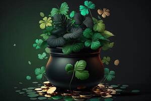 generativ ai svart pott full av guld mynt och vitklöver löv. st. Patricks dag abstrakt grön bakgrund för design, baner, inbjudan. foto