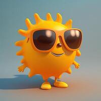 samling av Lycklig, leende, glad tecknad serie stil Sol tecken för sommar, semester design. tecknad serie Sol karaktär bär solglasögon. generativ ai foto