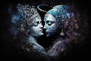 radha krishna i kärlek medium skott fotografi porträtt av kosmisk galaktisk generativ ai. symbol av gudomlig kärlek. konst skriva ut för Hem dekor hindu par på abstrakt dekorativ bakgrund foto