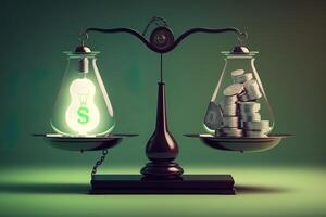 skalor med ljus Glödlampa på ett sida och pengar på de Övrig, begrepp av idéer och innovation, grön bakgrund. digital illustration. generativ ai foto