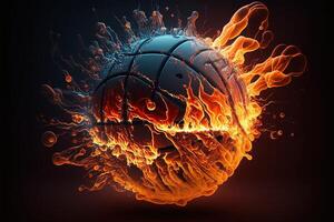 generativ ai av en lysande boll brinnande på brand i orange lågor, ger av värme och rök för konkurrenskraftig basketboll en visuell representation av de galenskap och spänning av de spel foto