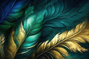 abstrakt bakgrund med fjäder mönster, gradienter och textur, digital målning i blå, grön och guld, röd, kricka, orange färger, skapas med generativ ai foto