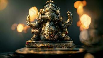 fokus på staty av herre ganesha, ganesha festival. hindu religion och indisk firande av diwali festival begrepp på mörk, röd, gul bakgrund och bokeh runt om foto