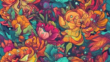 generativ ai, blommig färgrik sömlös mönster. lisa frank och James jean inspirerad naturlig växter och blommor bakgrund, psychedelic illustration. lövverk prydnad. foto
