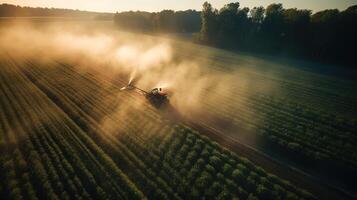 generativ ai, bruka lantbruk vattnas eller pesticider spray grön fält. bevattning Utrustning systemet, antenn se foto