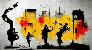 generativ ai, abstrakt gata konst med nycklar och musikalisk instrument silhuetter. bläck färgrik graffiti konst på en texturerad papper årgång bakgrund, inspirerad förbi banksy foto