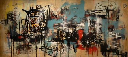 generativ ai, gata graffiti abstrakt konst med ful ansikte på en texturerad vägg årgång bakgrund, inspirerad förbi jean-michel basquiat, ny york urban stil. foto