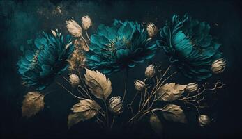 generativ ai, stänga upp av blomning rabatter av Fantastisk kricka blommor på mörk lynnig blommig texturerad bakgrund. fotorealistisk effekt. foto
