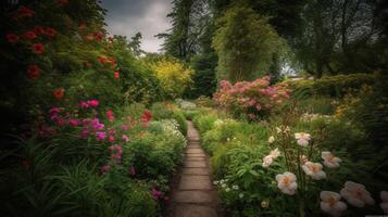 generativ ai, skön sommar privat trädgård med många blommor och växter, natur landskap, engelsk landsbygden stuga stil foto