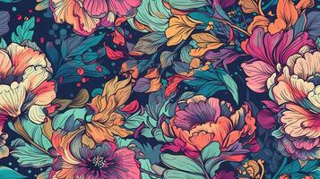 generativ ai, blommig färgrik sömlös mönster. lisa frank och James jean inspirerad naturlig växter och blommor bakgrund, psychedelic illustration. lövverk prydnad. foto