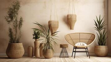 generativ ai, eco trä- rum med växter med naturlig möbel, boho etnisk chic stil interiör design foto