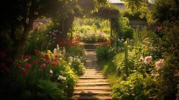 generativ ai, skön sommar privat trädgård med många blommor och växter, natur landskap, engelsk landsbygden stuga stil foto