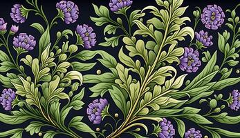 generativ ai, blommig lavendel- örter färgrik mönster. william morris inspirerad naturlig växter och lavandula blommor bakgrund, årgång illustration. lövverk prydnad. foto