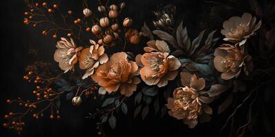generativ ai, stänga upp av blomning rabatter av Fantastisk aprikos orange Färg blommor på mörk lynnig blommig texturerad bakgrund. fotorealistisk effekt. foto