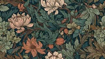 generativ ai, blommig färgrik mönster. william morris inspirerad naturlig växter och blommor bakgrund, årgång illustration. lövverk prydnad. foto