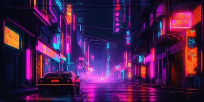 generativ ai, natt scen av efter regn stad i cyberpunk stil, trogen nostalgisk 80-tal, 90-tal. neon lampor vibrerande färger, fotorealistisk horisontell illustration. foto