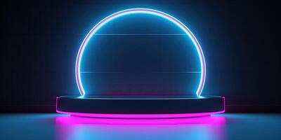 generativ ai, sci-fi trogen neon lysande baner med podium. abstrakt cyberpunk bakgrund för befordran varor. attrapp mall foto