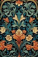 generativ ai, blommig färgrik mönster. william morris inspirerad naturlig växter och blommor vertikal bakgrund, årgång illustration. lövverk prydnad. foto