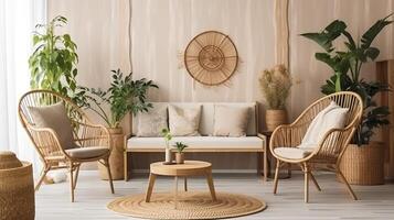 generativ ai, eco trä- rum med växter med naturlig möbel, boho etnisk chic stil interiör design foto