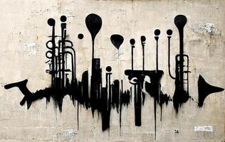 generativ ai, abstrakt gata konst med nycklar och musikalisk instrument silhuetter. bläck färgrik graffiti konst på en texturerad papper årgång bakgrund, inspirerad förbi banksy foto