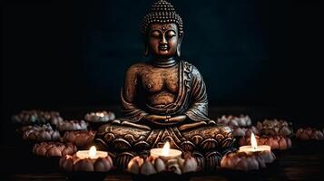 buddha staty i reflexion med lotus blomma och brinnande ljus. kreativ resurs, ai genererad foto