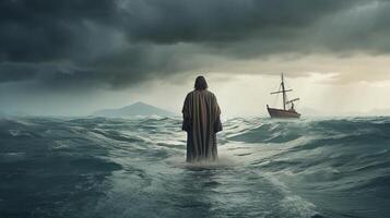 Jesus promenader på vatten över de hav mot en vattenfarkost inre delar delar de Centrum av en storm. biblisk ämne begrepp. ai genererad foto