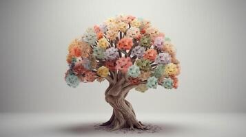 mänsklig hjärna träd med skapar, själv vård och mental blomstrande begrepp. kreativ resurs, ai genererad foto