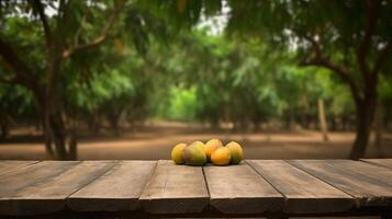 rena trä- tabell innan mango träd fundament. kreativ resurs, ai genererad foto