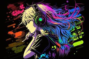 generativ ai ett neon gamer anime mode flicka eller kvinna bär hörlurar, förlorat i henne musik. abstrakt bakgrund den där framkallar de känsla av annorlunda genrer av musik. baner musik begrepp foto