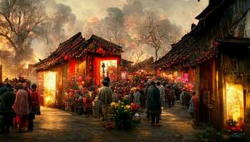 gammal kinesisk by, kinesisk ny år, persika blomma blomma, mång fyrverkeri i de himmel, livliga marknadsföra, vissnade träd. Lycklig ny år begrepp. generera ai foto