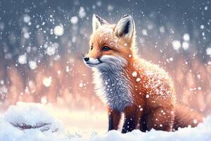 söt röd räv bebis tecknad serie drömlik i snö, vinter, generativ ai. djur- och landskap begrepp. foto