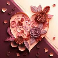 papper skära quilling flerdimensionellt valentine dag med hjärta, blomma och choklad på rosa bakgrund. valentine dag begrepp foto