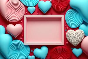 valentine ram och baner. röd, blå, cyan, rosa dekoration. platt lägga, romantisk. kärlek och valentine dag begrepp. generativ ai foto