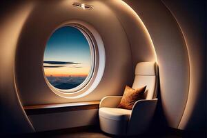 lyxig först klass flygplan sittplats med massor av fönster. generativ ai visualisering av de vip stuga av en företag klass flygplan. interiör av en privat jet foto