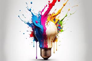illustration av färgrik Glödlampa med stänk av färger på vit bakgrund. kreativitet, eureka, fantasi, inspiration. generativ ai. aning och lösning begrepp foto