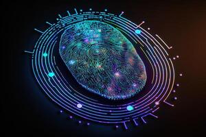 Foto av holografiska fingeravtryck säkerhet i de digital ålder, skyddande stor data med ai teknologi generativ ai. fingeravtryck integrerad i en tryckt krets, frisättande binär koder.