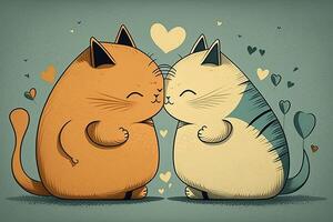 katt kärlek. katt par kramar, kel och kyssar. två söt katt kattungar i kärlek innehav röd hjärta på valentines dag. generativ ai foto