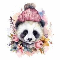 vattenfärg panda i hatt med blommor. illustration ai generativ foto