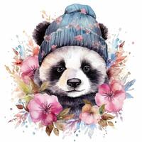 vattenfärg panda i hatt med blommor. illustration ai generativ foto
