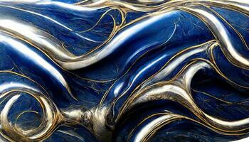 spektakulär abstrakt blänkande blå och metallisk silver- fast flytande vågor. virvlande gyllene och blå pastell mönster, lysande silver- Färg, marmor geometrisk, årgång foto