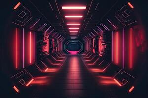 sci-fi cyber trogen tömma generativ ai tunnel bakgrund utgång eller mål ett huvud. abstrakt cyber eller digital speedway begrepp cyberpunk cyber synt tunnel korridor foto