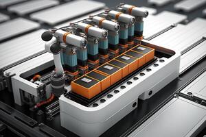 interiör av industri fabrik, robot hopsättning linje med elektrisk bil batteri celler modul på plattform. generativ ai foto