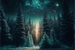 jul dekorerad grön gran träd i vinter- skog, abstrakt fantasi festlig jul träd bakgrund rubrik tapet, vinter- abstrakt landskap. solljus i de vinter- skog. generativ ai foto