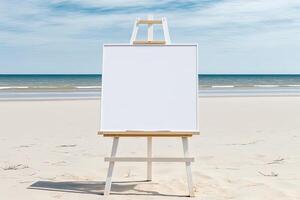 vit tom konstnär ram på en små trä- staffli på sommar hav strand bakgrund med kopia Plats. reklam attrapp tavlan för bilder eller konstverk. målning ram mall baner. generativ ai foto